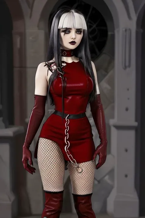 goth, blunt bangs, long hair, red eyes, makeup, fishnets, knee boots, red dress, elbow gloves, Crimson_Total_Drama, <lora:CitronLegacy-Crimson_Total_Drama:0.85>