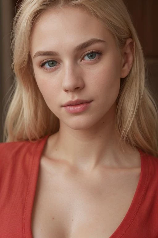 a close up of a woman with a red shirt and a red shirt