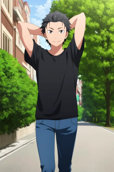 masterpiece, best quality, subaru_natsuki, 1boy, walking, upper body, (arms behind head), looking at viewer, black hair, brown eyes, light smile, casual, black t-shirt, blue pants, park, tree,