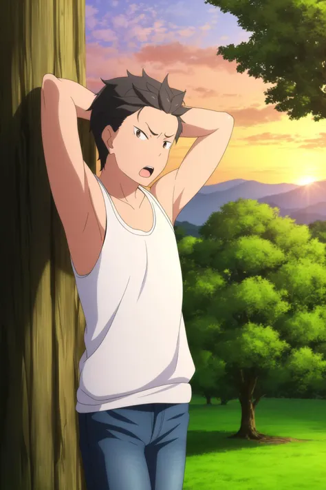 masterpiece, best quality, subaru_natsuki, 1boy, upper body, standing, looking at viewer, black hair, brown eyes, yawning, sleepy, tank top, jeans, arms behind head, park, tree, sunrise, dawn,