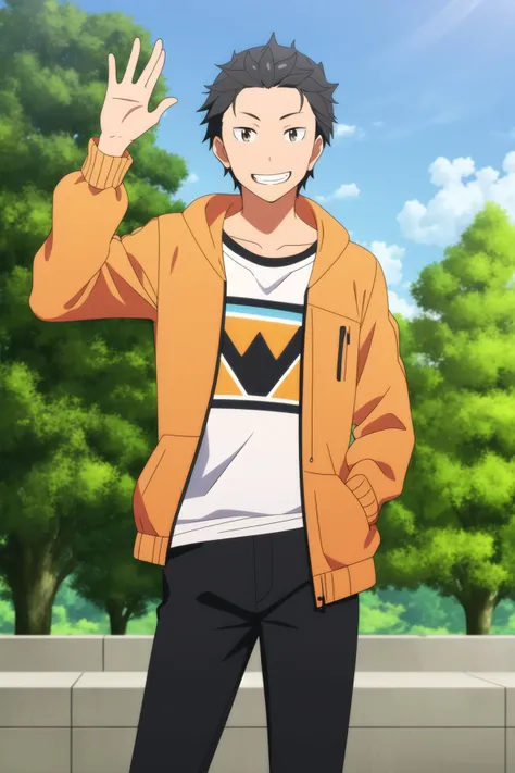 masterpiece, best quality, subaru_natsuki, 1boy, standing, upper body, looking at viewer, black hair, brown eyes, excited, grinning, casual, orange jacket, hooded jacket, open jacket, t-shirt, black pants, (hand in pocket, hand up, waving), park, tree,