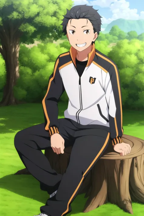 masterpiece, best quality, subaru_natsuki, 1boy, sitting on tree stump, black hair, brown eyes, happy, grin, track jacket, track pants,