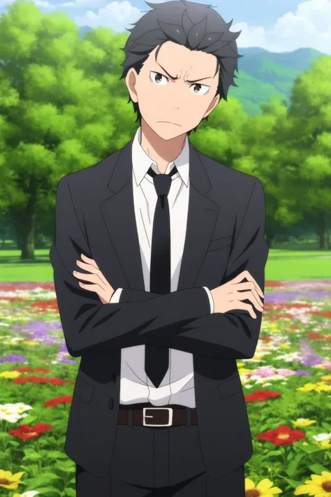 masterpiece, best quality, subaru_natsuki, 1boy, standing, upper body, looking at viewer, (crossed arms, head tilt), black hair, brown eyes, annoyed, black jacket, white shirt, black necktie, black pants, belt, (flower field),