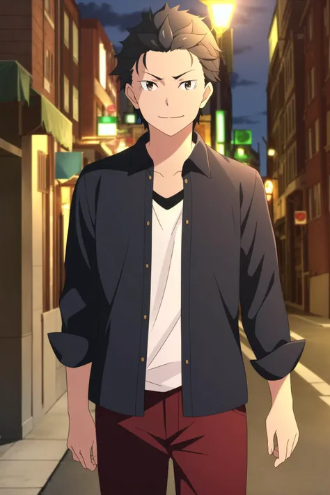 masterpiece, best quality, subaru_natsuki, 1boy, standing, upper body, looking at viewer, black hair, brown eyes, smug, closed mouth, (casual, layered clothes, collared shirt, (open shirt), t-shirt), red pants, city, street, night,