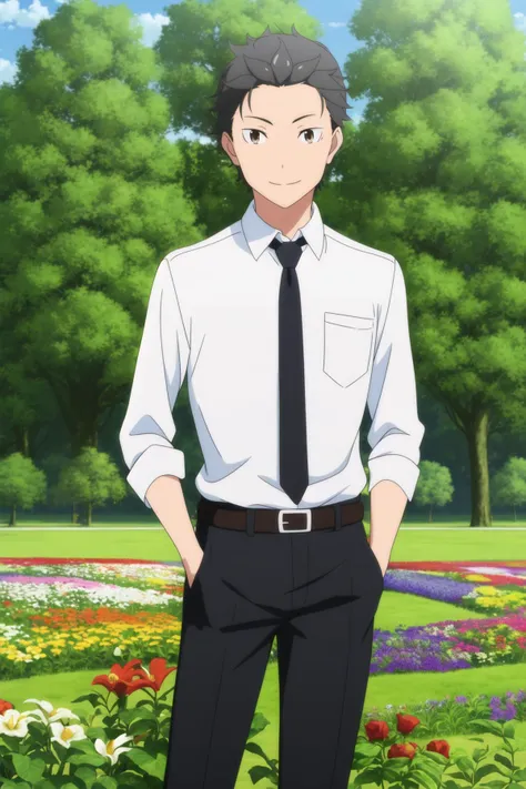 masterpiece, best quality, subaru_natsuki, 1boy, standing, upper body, black hair, brown eyes, light smile, white shirt, necktie, black pants, belt, hands in pockets, (flower field),