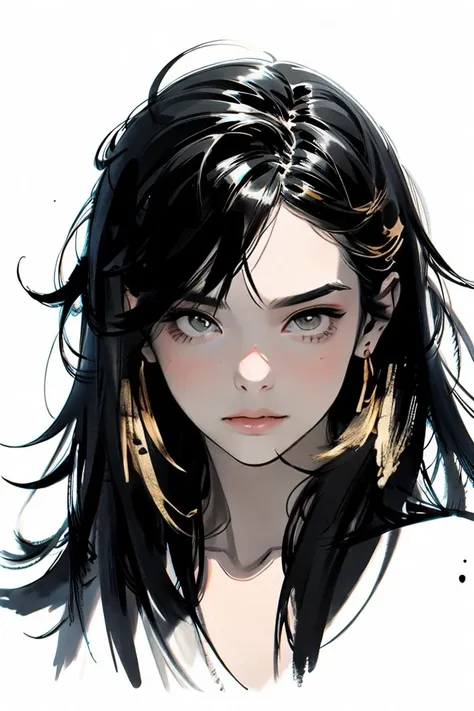 a drawing of a woman with long black hair and a white shirt