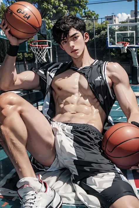 1male,muscular,outdoors,basketballplayer,panty bulge,lying,