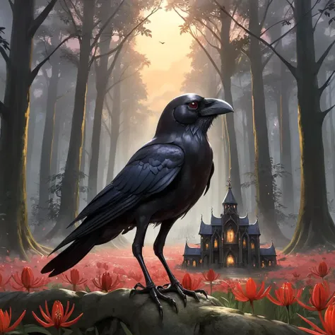 there is a black bird standing on a rock in the woods