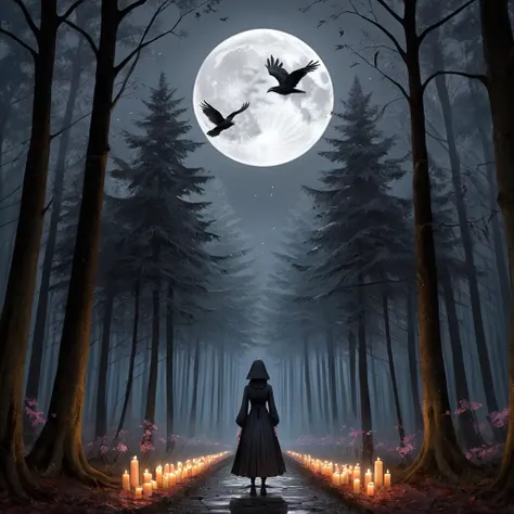 a woman standing in the middle of a forest with candles