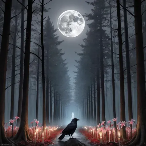 a black bird sitting on a rock in a forest with candles