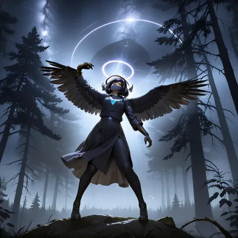 a woman with wings standing on a rock in the woods