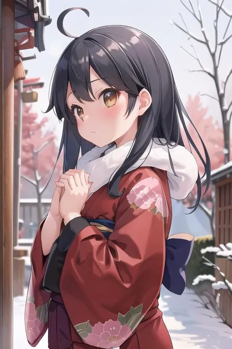 masterpiece,best quality,girl,ultra detail,petite,blush,ushioautumnKC, long hair, black hair, ahoge,kimono,shrine,winter <lora:ushio:0.7>outdoor,join hands,fur muffler