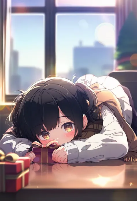 anime girl laying on the floor with a gift in front of her