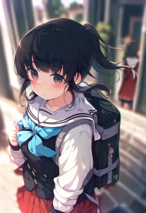 anime girl with backpack walking down the street in a school uniform