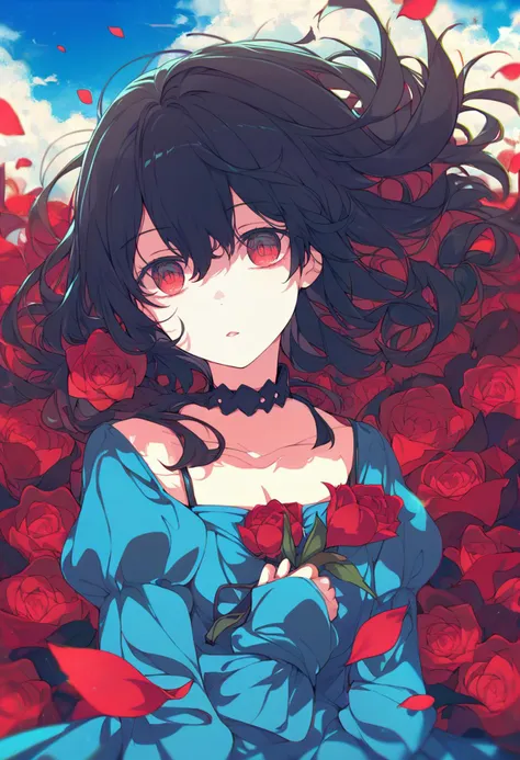 score_9, score_8_up, score_7_up, score_6_up, <lora:ogipoteXL_P6_lokr_V42310:0.95> 1girl, solo, flower, red eyes, holding, rose, long hair, red flower, sky, petals, looking at viewer, puffy sleeves, holding flower, parted lips, long sleeves, juliet sleeves,...