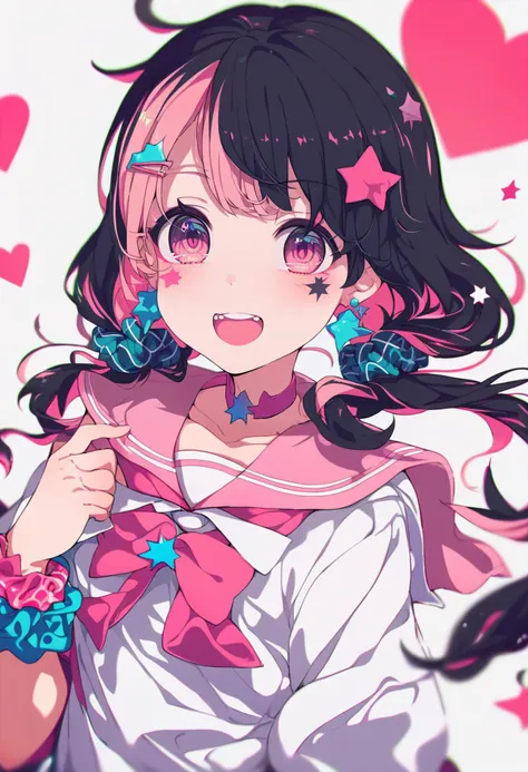 score_9, score_8_up, score_7_up, score_6_up, <lora:ogipoteXL_P6_lokr_V42310:0.95> 1girl, solo, hair ornament, scrunchie, black hair, twintails, hair scrunchie, open mouth, smile, choker, white background, star (symbol), looking at viewer, multicolored hair...