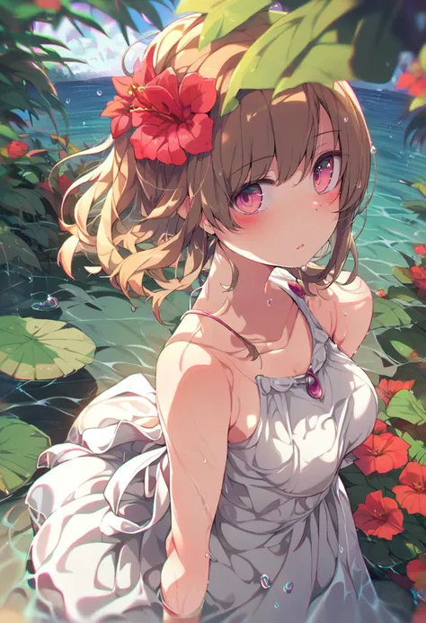 anime girl with flower in hair standing in front of water