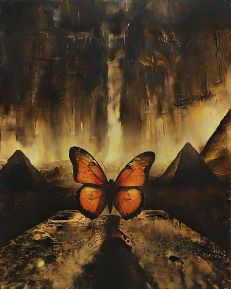 Butterfly, inside a Pyramids of Giza, at Twilight, Panorama, Princesscore, horror, <lora:Moody__Time:1>