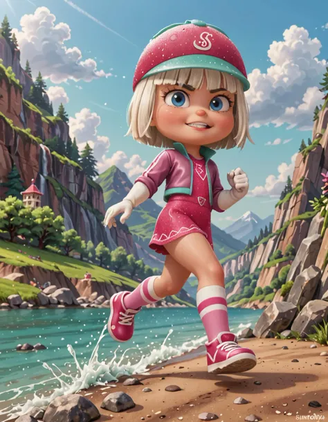 a cartoon girl running on a beach near a mountain