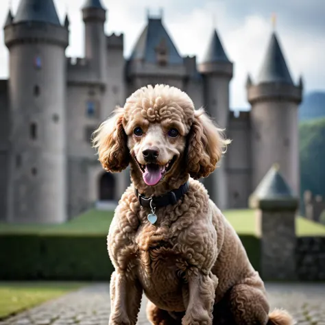 poodle,highres,smile,castle,portrait,blurry background,