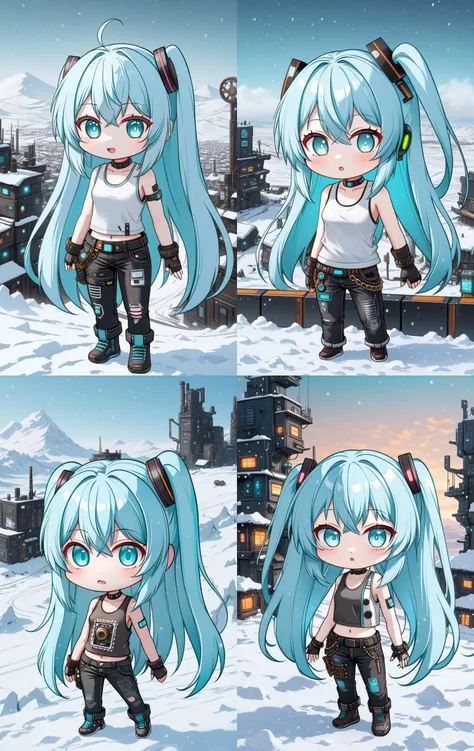 hatsune miku racing miku a cute 3d cartoon caricature cyber woman with light blue hair and hazel eyes wearing a cyberpunk tanktop and a tanktop, assymetrical, wavy white long straight hair with a cute anime face, black jeans, futurism, steampunk, artstatio...