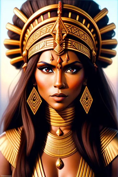 a digital painting of a woman wearing a headdress and gold jewelry