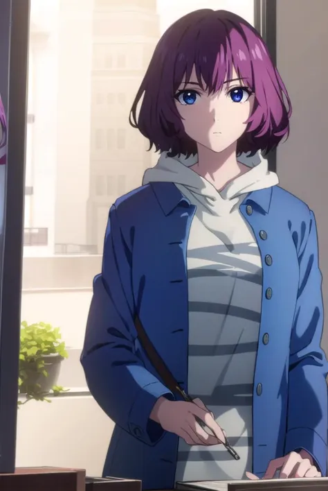 tangrou, <lyco:tangrou-lyco-nochekaiser:1>,
tang rou, short hair, (purple eyes:1.1), purple hair,
break jacket, hood, hoodie, bl...