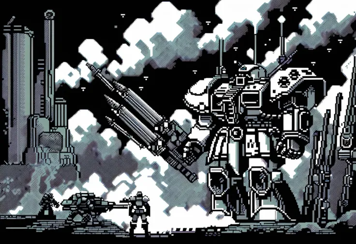 (pixel art), 1990s \(year\), 8-bit, (imperial knight), war machine,  blue and white, thermal cannons, war-torn landscape, explos...