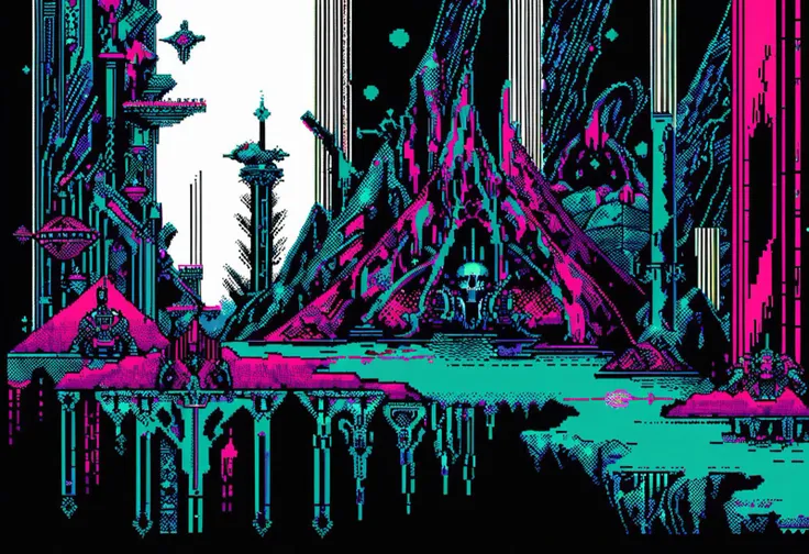 (pixel art), 1990s \(year\), 8-bit, landscape, realm of chaos, the warp, immaterium, grimdark, depressive, surreal, 
action,
sol...