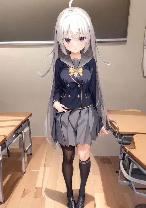 masterpiece, best quality, 1 girl  <lora:ayachiNeneSanobaWitch_v2:1>, white hair, grey skirt, black_school_uniform, black_legwear , ahoge, full body, classroom