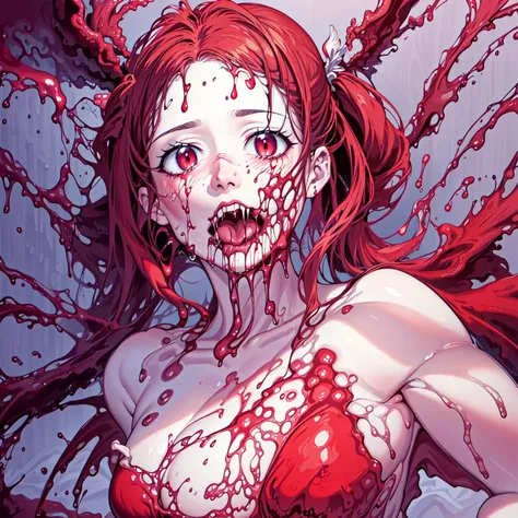 1girl,ctears,crying,fear,frightened face,{ mouth covered in blood,blood flows down,blood on chest,blood on the face,blood all over the body }<lora:blood:1>,lifting person,scolopendra on the neck,white bikini,pink hair,short hair, medium breasts,collarbone,...