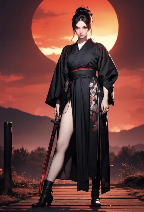 ((masterpiece)),((best quality)),((high detial)),((realistic,)), 1girl, mature female, (pale skin:1.2), samurai, katana, full body shot, red sky, battlefield,