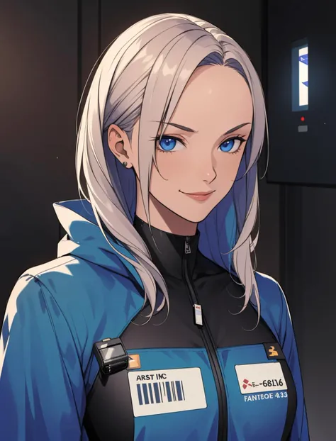 portrait, looking at viewer, solo, upper body, detailed background, detailed face, (<lora:Unholy:0.5>, Sc3pt4, scifi theme:1.1)  high-tech futuristic hacker, smirk, advanced technology, hoodie, techwear, wearable device, keycard, electronics,  blue (hologr...