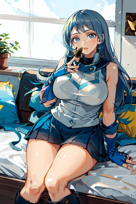 solo, <lora:obuniform:0.8> obuniform, sleeveless, bare shoulders, elbow gloves, blue gloves, fingerless gloves, blue skirt, white jacket, blue footwear, boots,  <lora:hadou_nejire:0.9> bbnejire, blue eyes, blue hair, (long hair:1.3), large breasts, (card b...