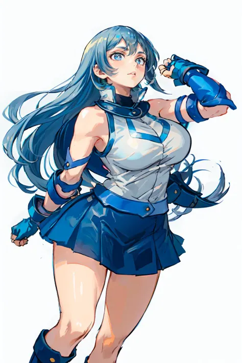 <lora:obuniform:0.8> obuniform, sleeveless, bare shoulders, elbow gloves, blue gloves, fingerless gloves, blue skirt, white jacket, blue footwear, boots,  <lora:hadou_nejire:0.9> bbnejire, blue eyes, blue hair, long hair, large breasts,, ultra detailed, ma...