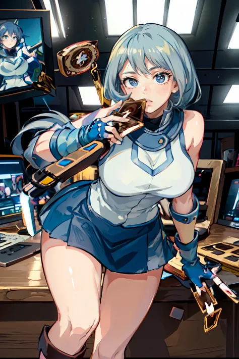 <lora:obuniform:0.8> obuniform, sleeveless, bare shoulders, elbow gloves, blue gloves, fingerless gloves, blue skirt, white jacket, blue footwear, boots,  <lora:hadou_nejire:0.9> bbnejire, blue eyes, blue hair, long hair, large breasts, (duel disk, card be...