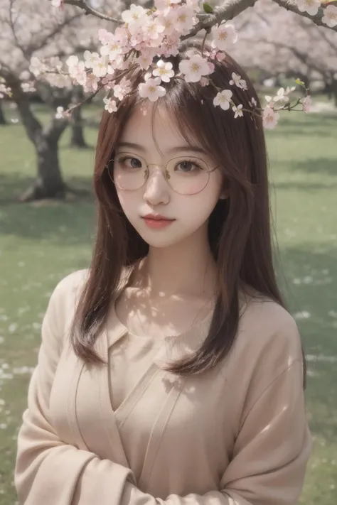 <lora:av_cute2:0.7:FACE>cutegirl, glasses, upper_body, Crystal clear lake, surrounded by trees that bloom with star-shaped cherry blossoms