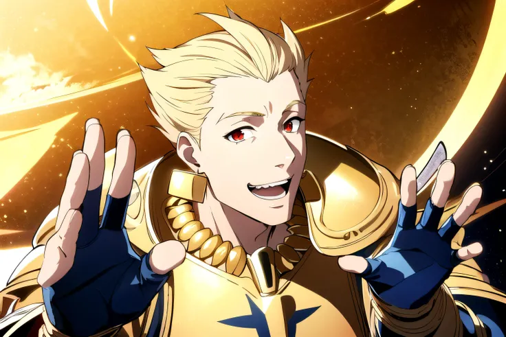 (masterpiece, best quality, ultra detailed), (perfect face, detailed face),  1boy, solo, looking at viewer, grin, open mouth, wide eyes, Gilgameshfull, short hair, blonde hair, red eyes, jewelry, male focus, earrings, necklace, armor, shoulder armor, pauld...