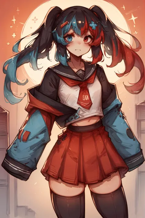 a drawing of a girl with long hair and a red skirt