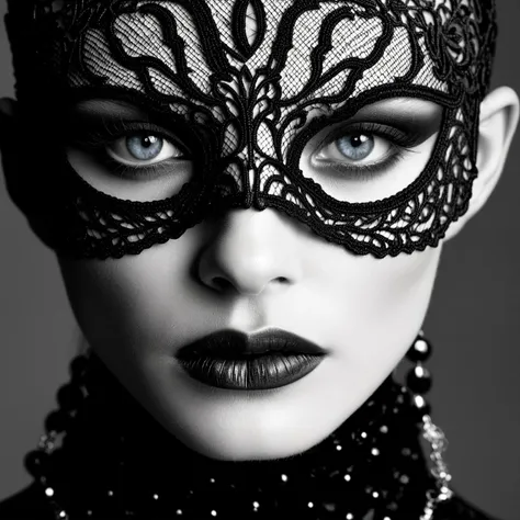 a close up of a woman wearing a black lace mask