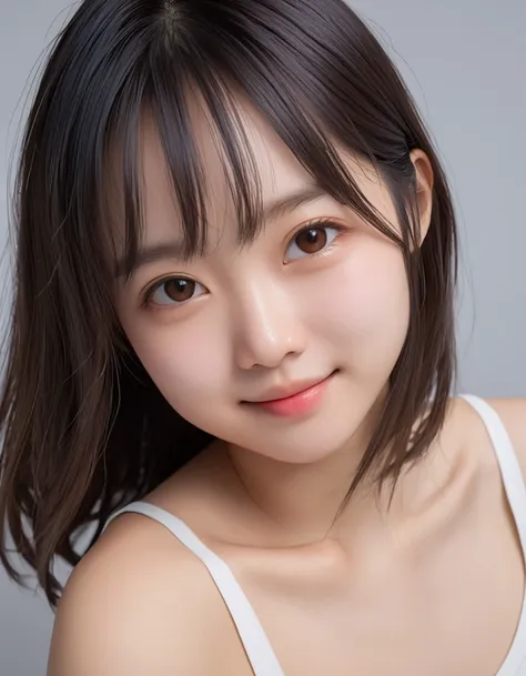 a close up of a woman with a white tank top and a black hair