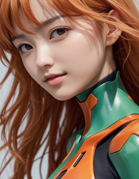 a close up of a woman with long red hair wearing a green and orange suit