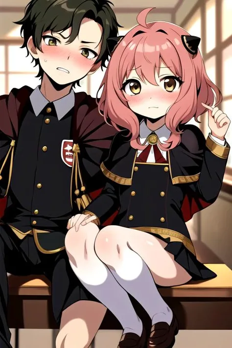 masterpiece,best quality,ultra detail,1boy damian, 1girl anya<lora:damian_anya_d32:0.7>petite,chibi,classroom,blush,school uniform,shy,eden academy uniform,capelet,comic