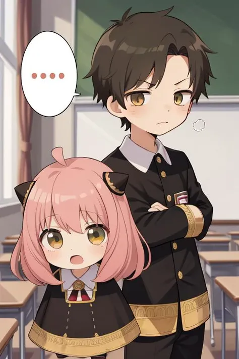 masterpiece,best quality,ultra detail,1boy damian, 1girl anya<lora:damian_anya_d32:0.7>petite,chibi,classroom,school uniform,shy,eden academy uniform,capelet,comic,spoken bubble