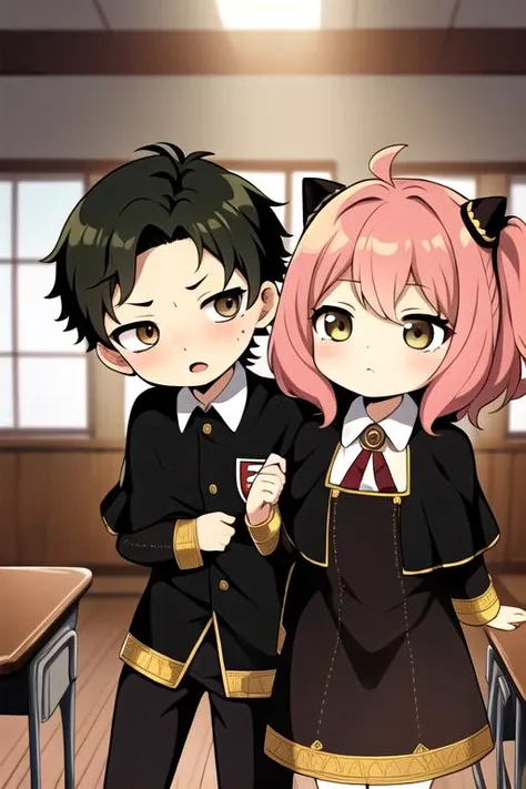 anime couple in school uniform standing in a classroom