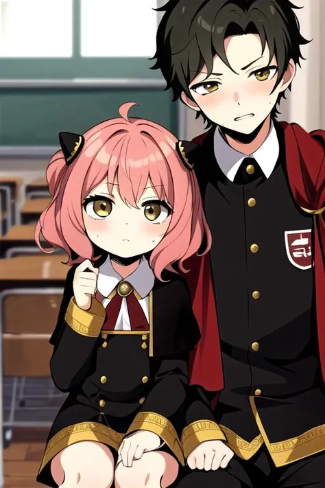 anime couple sitting on a bench in a classroom