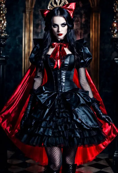 (cinematic vampire film style, dark persona, alice in wonderland style:1), (Alice, long hair:1.2), (gothic vampire wonderland dress:1.2), (latex gloves, multilayered dress:1), (shiny glossy translucent clothing, gleaming oily latex fabric:1.1), bloodlight,...