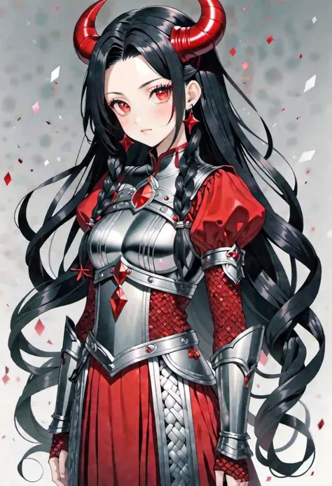 Kawaii adult woman, masterpiece, best quality, high quality, highres, absurdres, black hair in 1 three-strand braid, gradient hair, dark red eyes, small red horns, wearing a chainmail top, full body image, amnification, flat color, simple color, thick line...