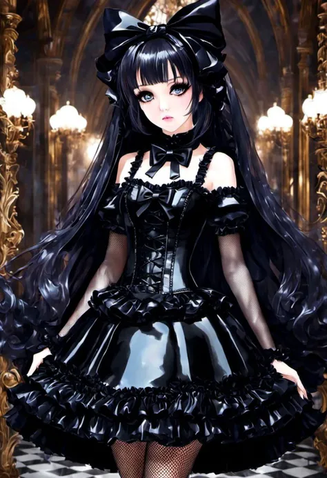 (gothic, gothic lolitafashion, dark persona:1), (corrupted dark magical girl, long hair:1.2), (gothic frilly lolitafashion dress:1.2), (latex gloves, multilayered dress:1), (shiny glossy translucent clothing, gleaming oily latex fabric:1.1), backlight, (go...