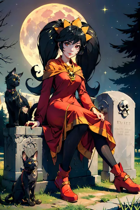 ashley, girl, red dress, red colored iris, black twintails, skull on chest, orange hairband, pantyhose, red footwear, looking at viewer, smiling, happy, 
sitting,large moon, graveyard, tombstone, (petting a black cat), creepy ambiance, 
extreme detail, hdr...